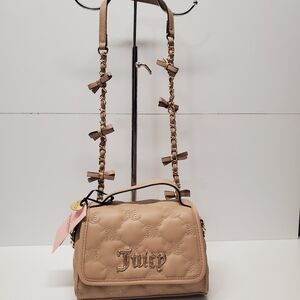 J C Tan Quilted Mini Flap Crossbody With Little Bows Attached To Chain Strap